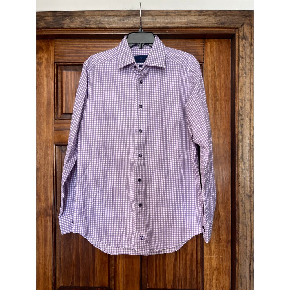 David Donahue, purple and white gingham check button-down shirt size 16.5 34/35